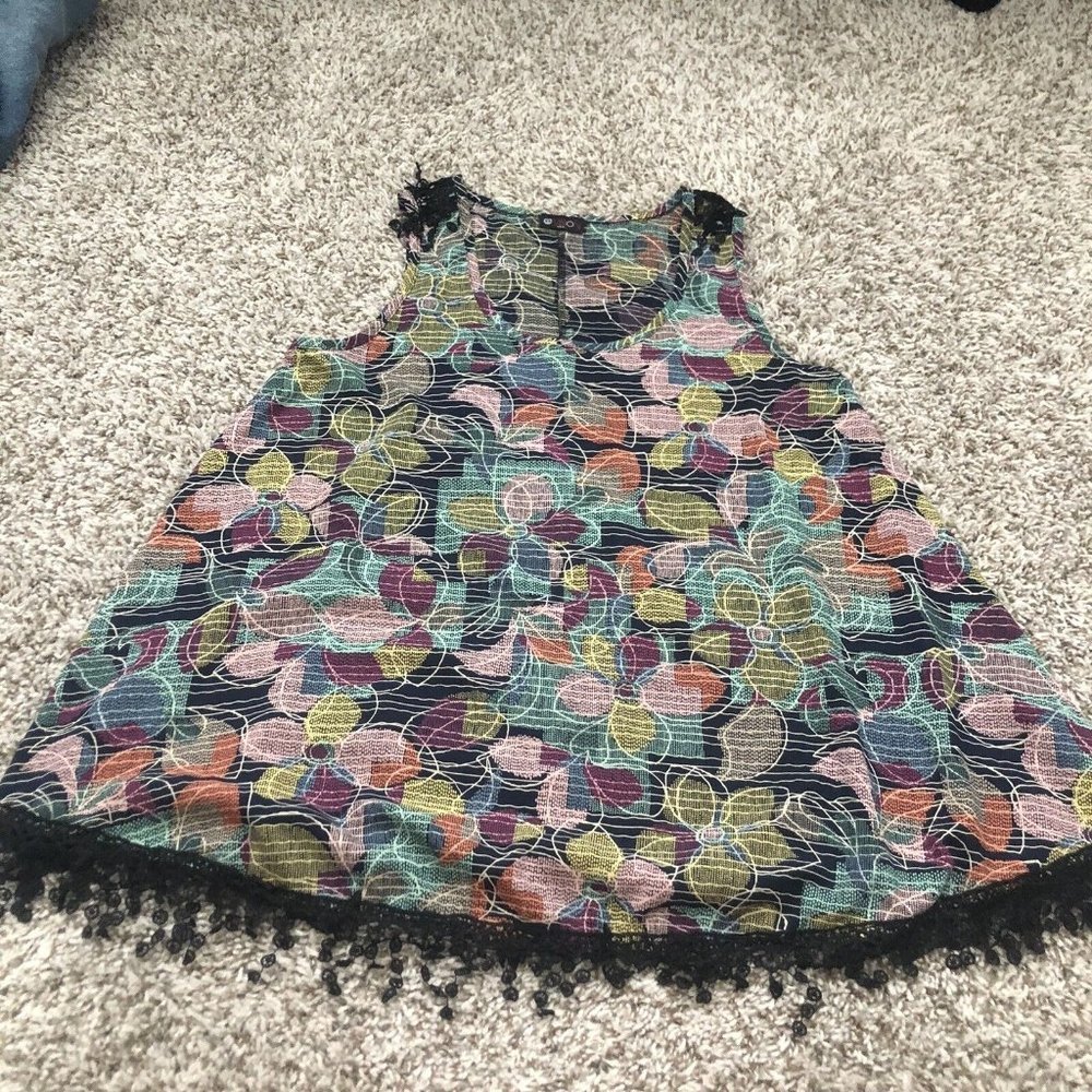 vision womens top boho tassel sleeveless abstract floral print size small